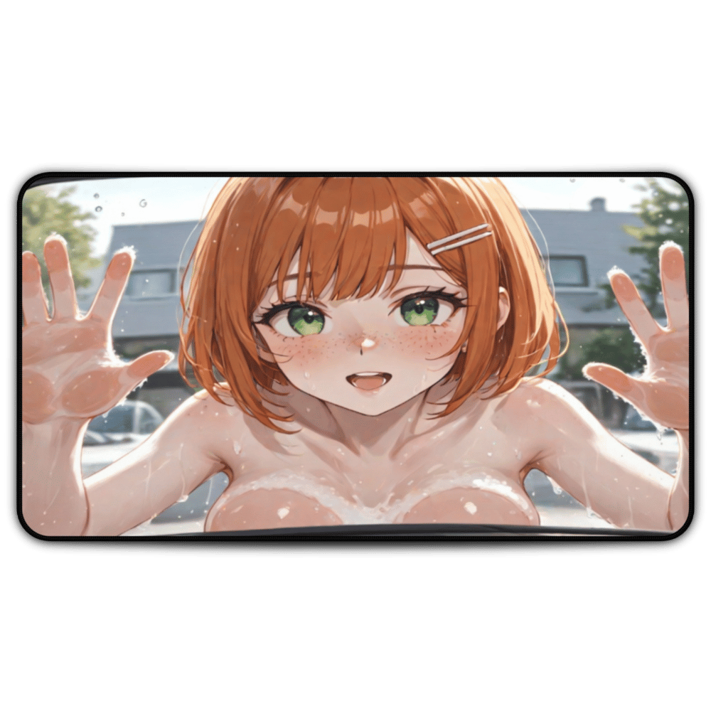 POV Car Wash Naked Orange Hair Freckle Girl Desk Mat sexy anime girl, lewd waifu artwork