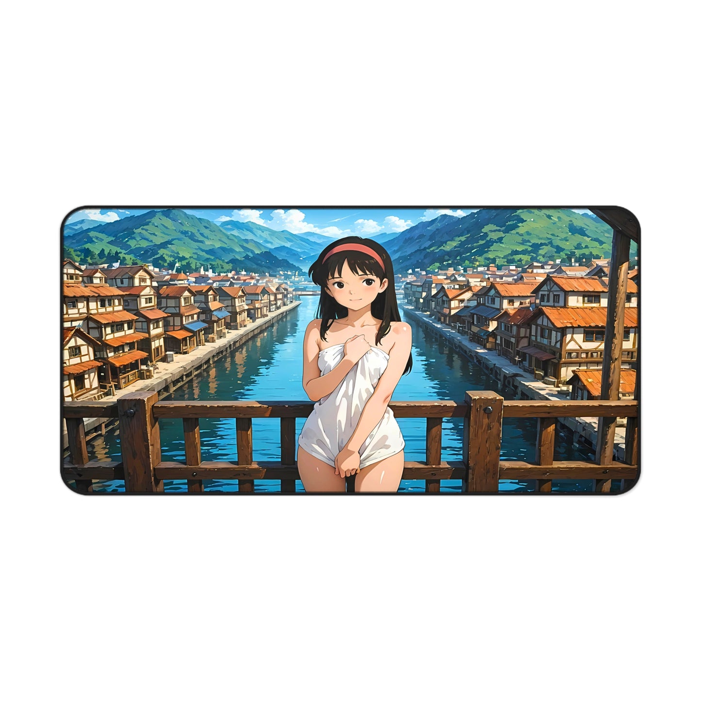 Yumeko – Shy Waifu by the River Town Lewd Desk Mat anime desk mat with dreamy waifu illustration in classic anime style, featuring a beautiful Japanese anime girl and soft aesthetic design