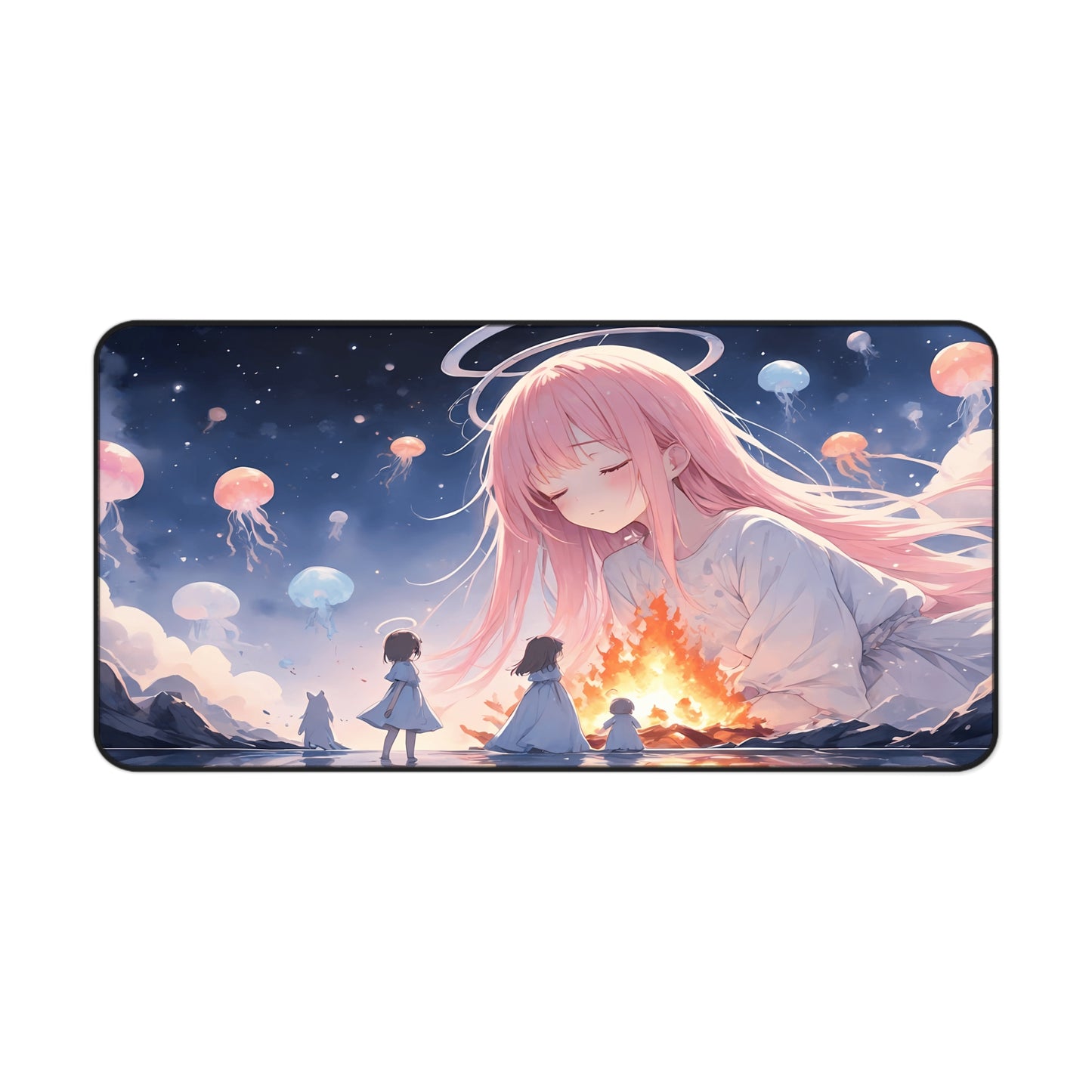 Lullaby Grove Anime Desk Mat "Never Forget Me" dark fantasy anime desk mat showing a sad, cute girl in mystical storybook landscape with floating creatures