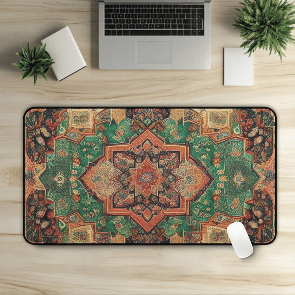 Emerald Visions Persian Carpet Desk Mat with Arabic, Middle Eastern rug textiles with unique oriental patterns perfect for beautiful desk aesthetics
