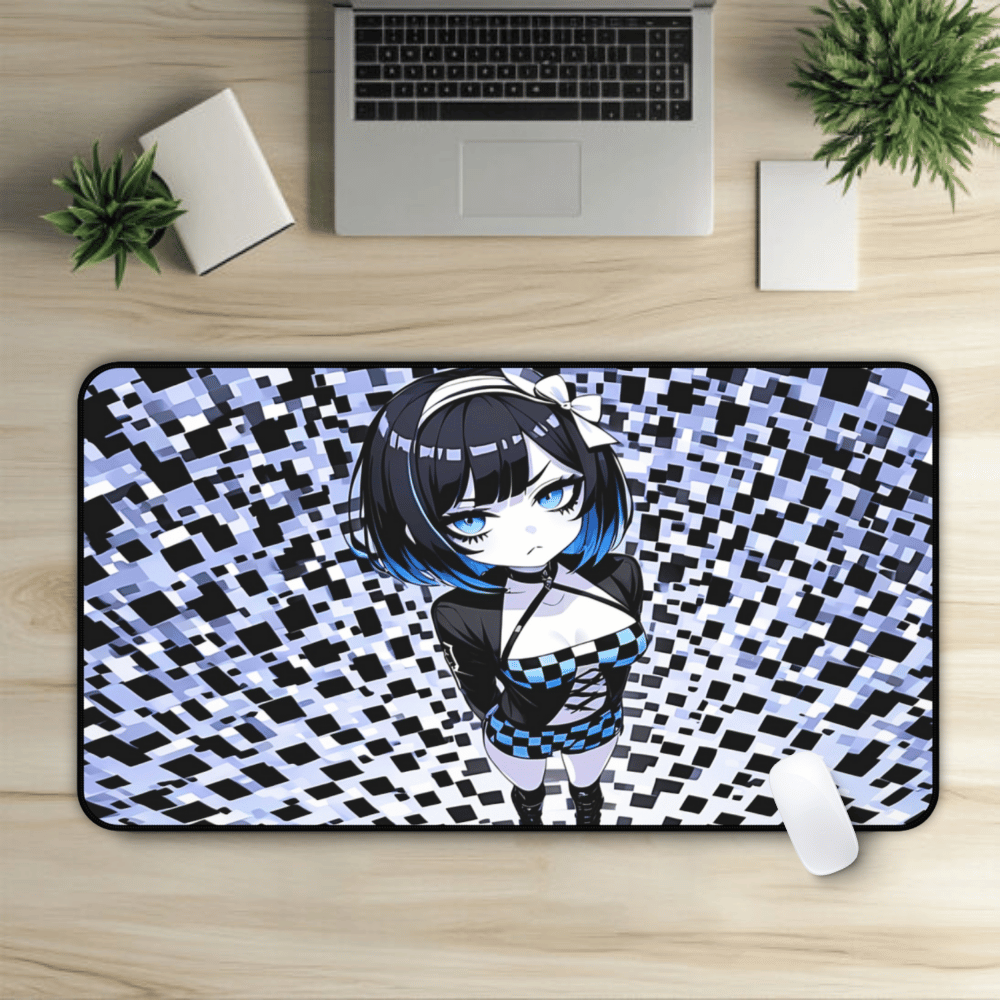 Kawaii Blue Checkers Goth Girl Desk Mat featuring kawaii-inspired art loved by fans of cute anime, games, and accessories