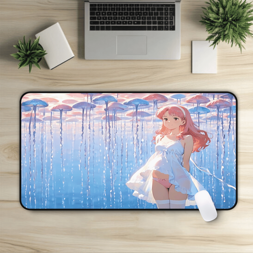 Yumeko – Pink Jellyfish & Floating Dreams Anime Desk Mat anime desk mat with dreamy waifu illustration in classic anime style, featuring a beautiful Japanese anime girl and soft aesthetic design