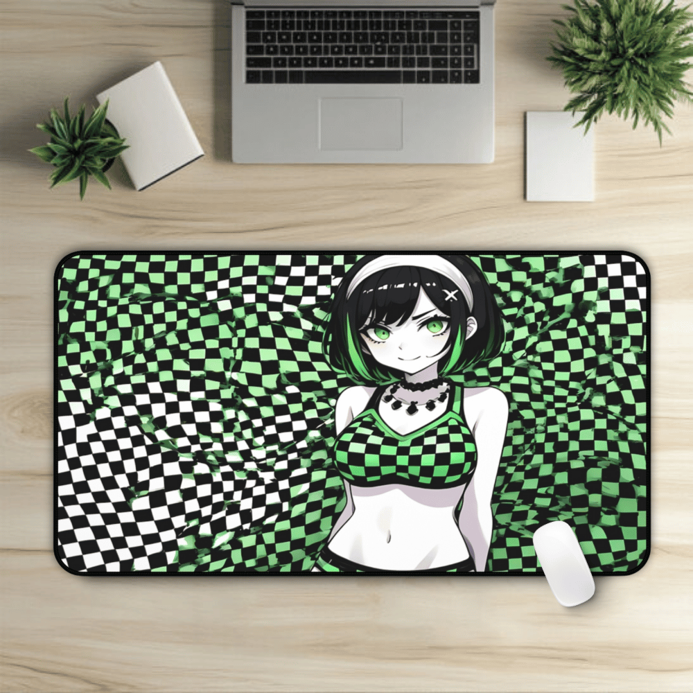 Cute Green Checkers Goth Waifu Desk Mat sexy anime girl, lewd waifu artwork