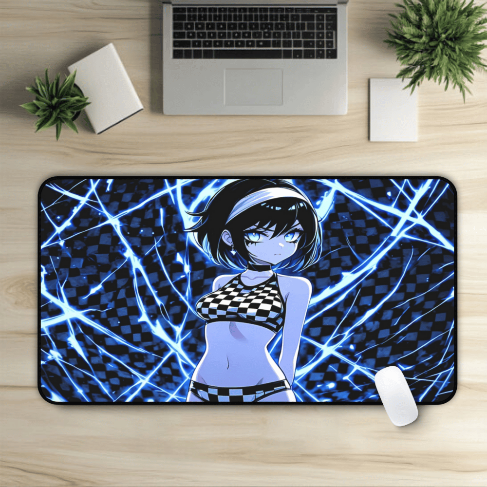 Blue Checkers Annoyed Goth Waifu Desk Mat