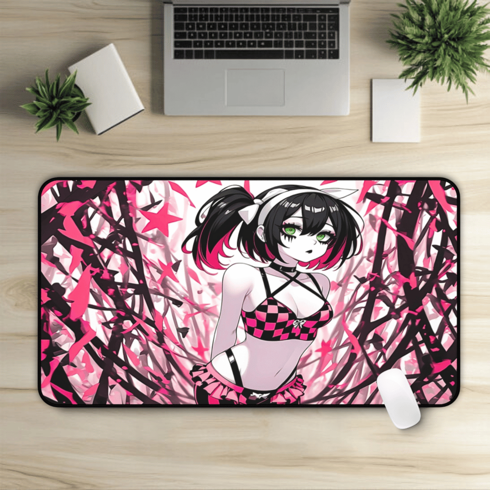 Gorgeous Pink Lingerie Goth Waifu Desk Mat sexy anime girl, lewd waifu artwork