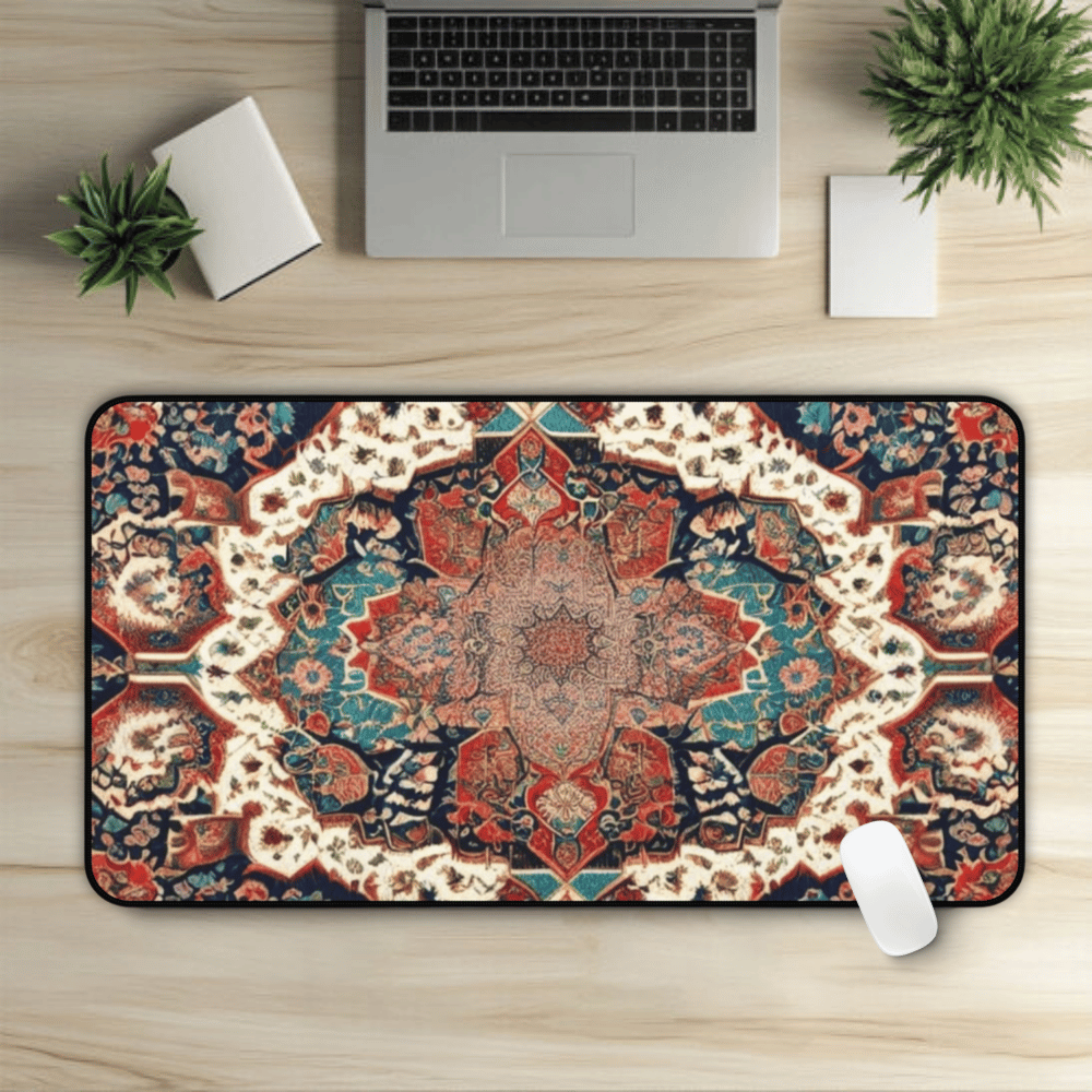 Sarah's Prayer Persian Carpet Desk Mat with Arabic, Middle Eastern rug textiles with unique oriental patterns perfect for beautiful desk aesthetics