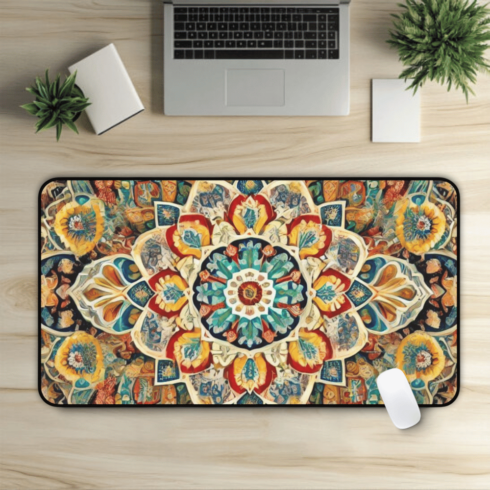 Eye Of Shamsi Persian Carpet Desk Mat with Arabic, Middle Eastern rug textiles with unique oriental patterns perfect for beautiful desk aesthetics