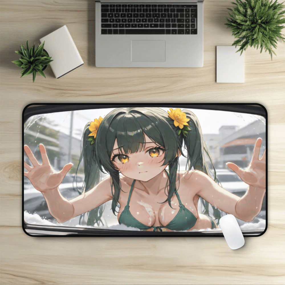POV Car Wash Green Hair Green Bikini Anime Girl Desk Mat sexy anime girl, lewd waifu artwork