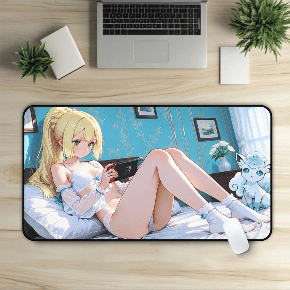 Cute Blonde Bedtime Gamer Girl In White Lingerie Anime Desk Mat