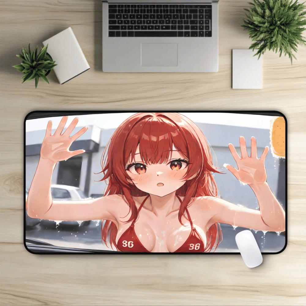 POV Car Wash Redhead Girl In Red Bikini Desk Mat sexy anime girl, lewd waifu artwork