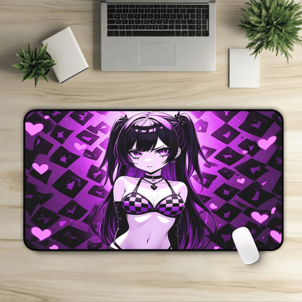Annoyed Purple Hearts Goth Girl Desk Mat sexy anime girl, lewd waifu artwork