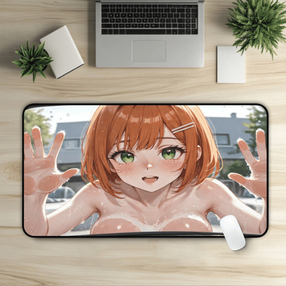 POV Car Wash Naked Orange Hair Freckle Girl Desk Mat sexy anime girl, lewd waifu artwork