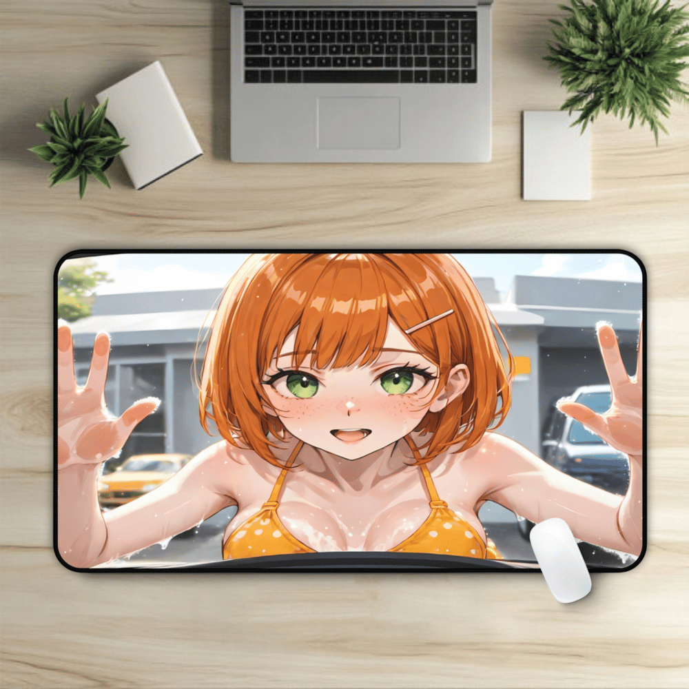 POV Car Wash Sexy Redhead Yellow Bikini Desk Mat sexy anime girl, lewd waifu artwork