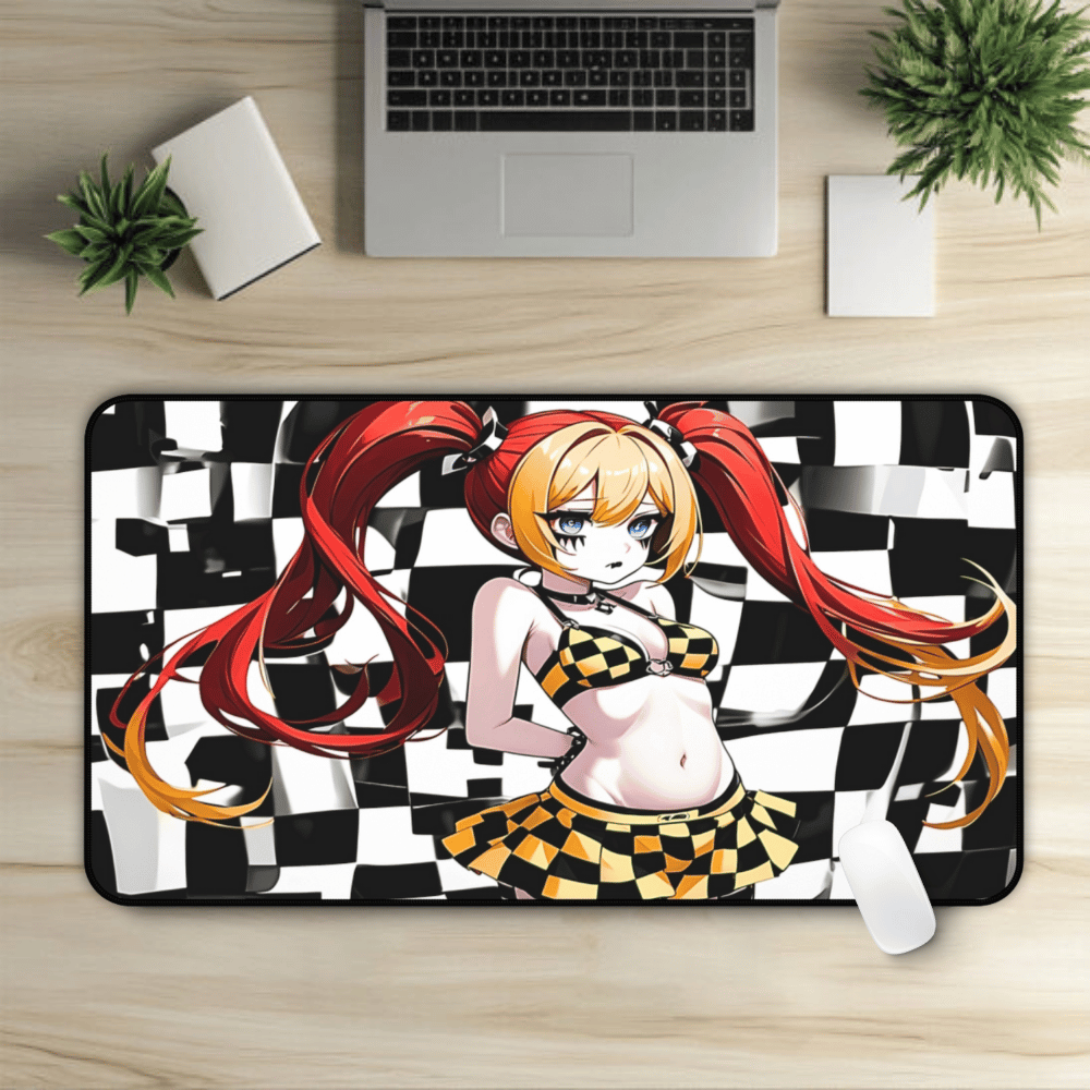 Sexy Yellow Checkered Lingerie Goth Girl Desk Mat sexy anime girl, lewd waifu artwork