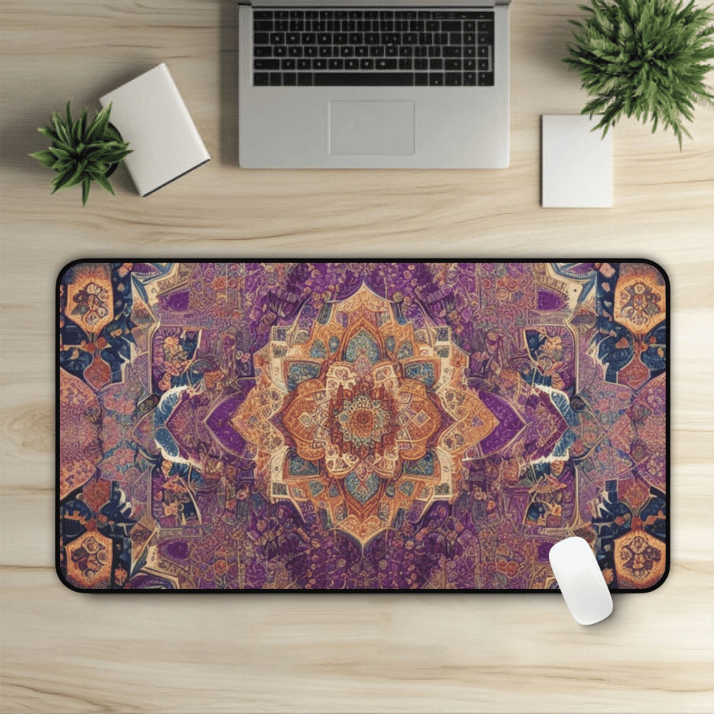 Al-Lat's Love Persian Carpet Desk Mat with Arabic, Middle Eastern rug textiles with unique oriental patterns perfect for beautiful desk aesthetics