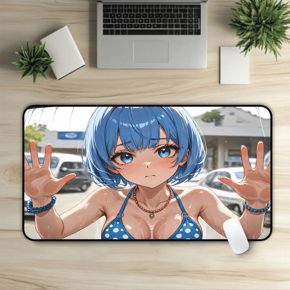 POV Car Wash Blue Hair Polka Dot Bikini Anime Girl Desk Mat sexy anime girl, lewd waifu artwork