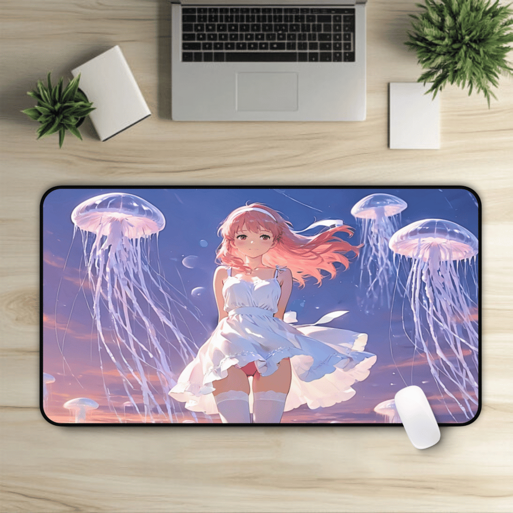 Yumeko – Silent Snow & Sky Jelly Waifu Desk Mat anime desk mat with dreamy waifu illustration in classic anime style, featuring a beautiful Japanese anime girl and soft aesthetic design