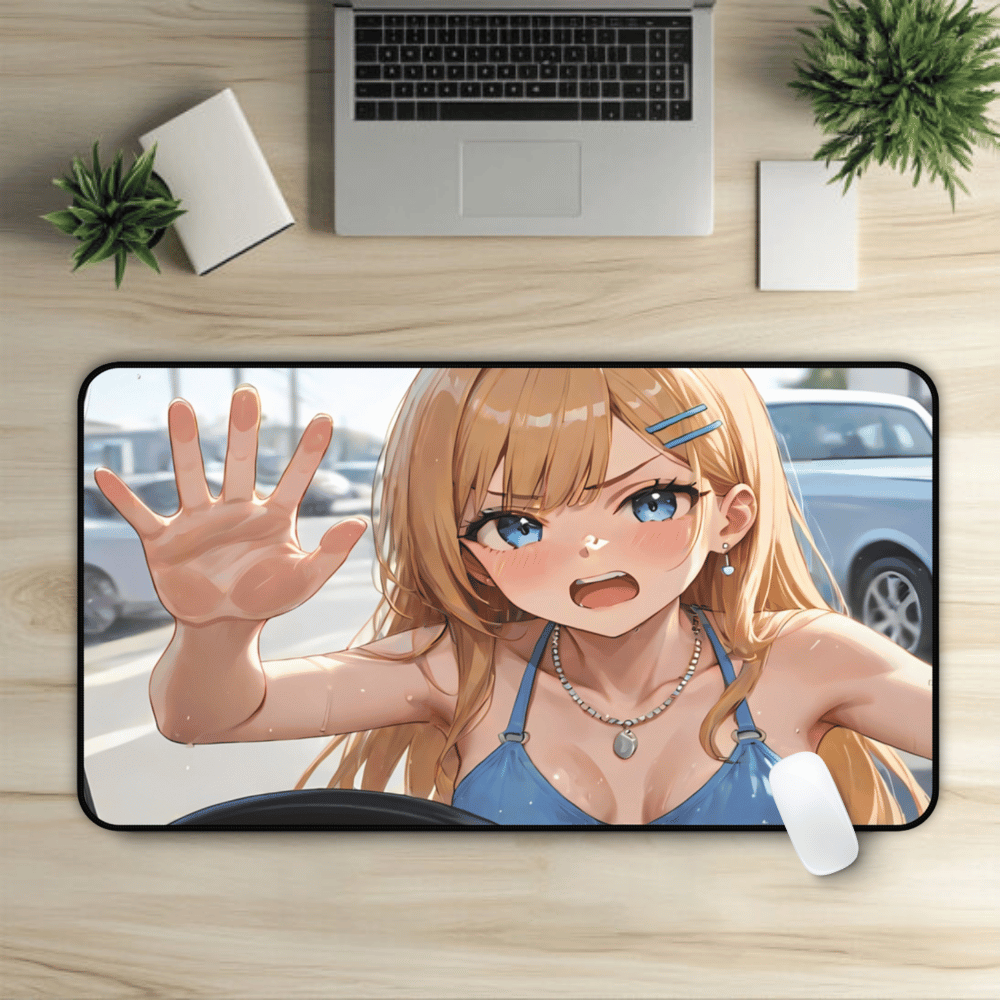POV Car Wash Sexy Blonde In Blue Bikini Desk Mat sexy anime girl, lewd waifu artwork