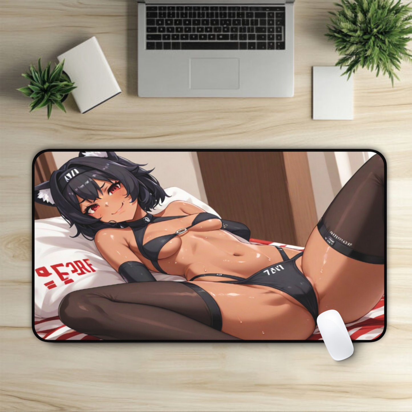 Sexy Dark Skin Anime Cat Girl Desk Mat sexy anime girl, lewd waifu artwork