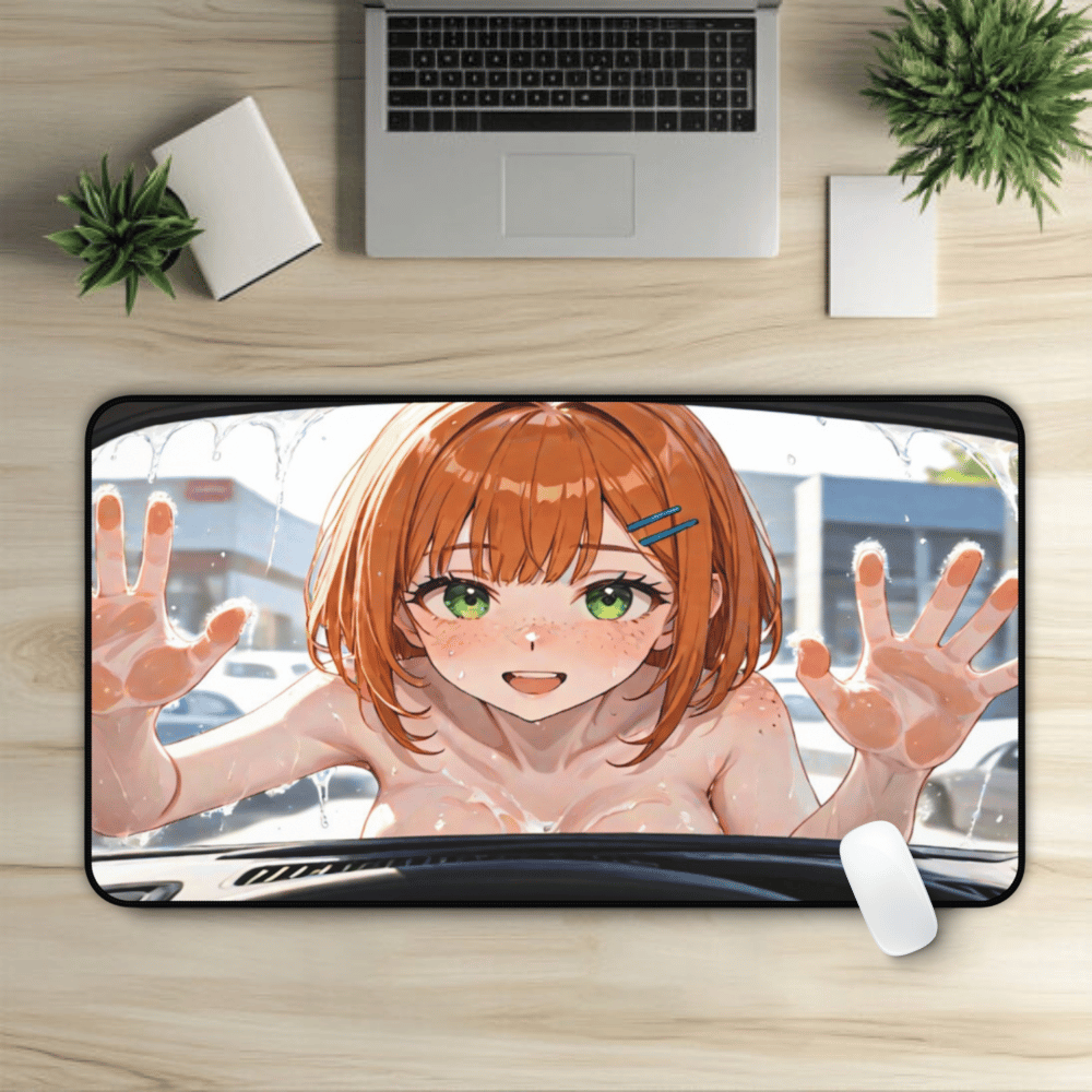 POV Car Wash Naked Orange Hair Anime Girl Desk Mat sexy anime girl, lewd waifu artwork