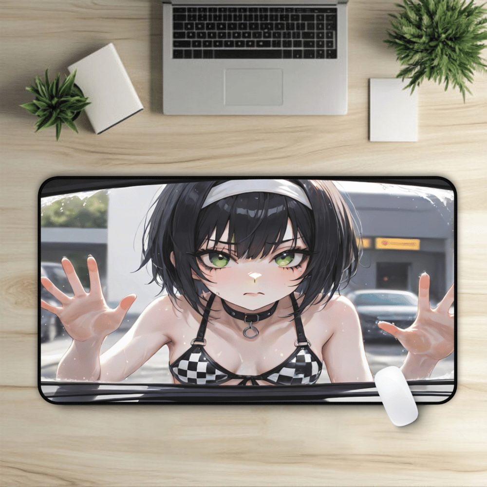 POV Car Wash Emo Girl Checkered Bikini Desk Mat sexy anime girl, lewd waifu artwork
