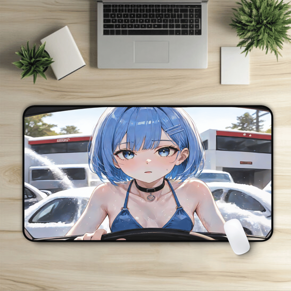 POV Car Wash Blue Hair Girl Blue Bikini Desk Mat sexy anime girl, lewd waifu artwork
