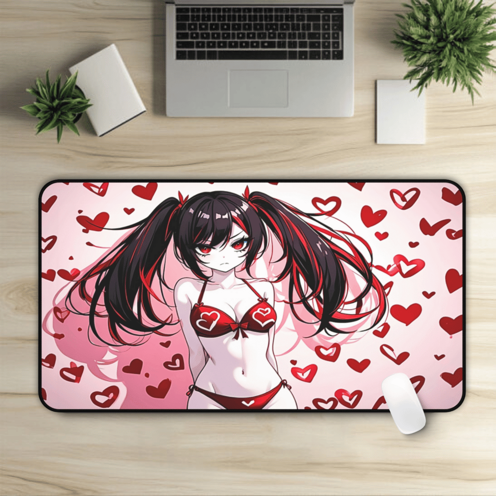 Beautiful Red Hearts Goth Girl Desk Mat sexy anime girl, lewd waifu artwork