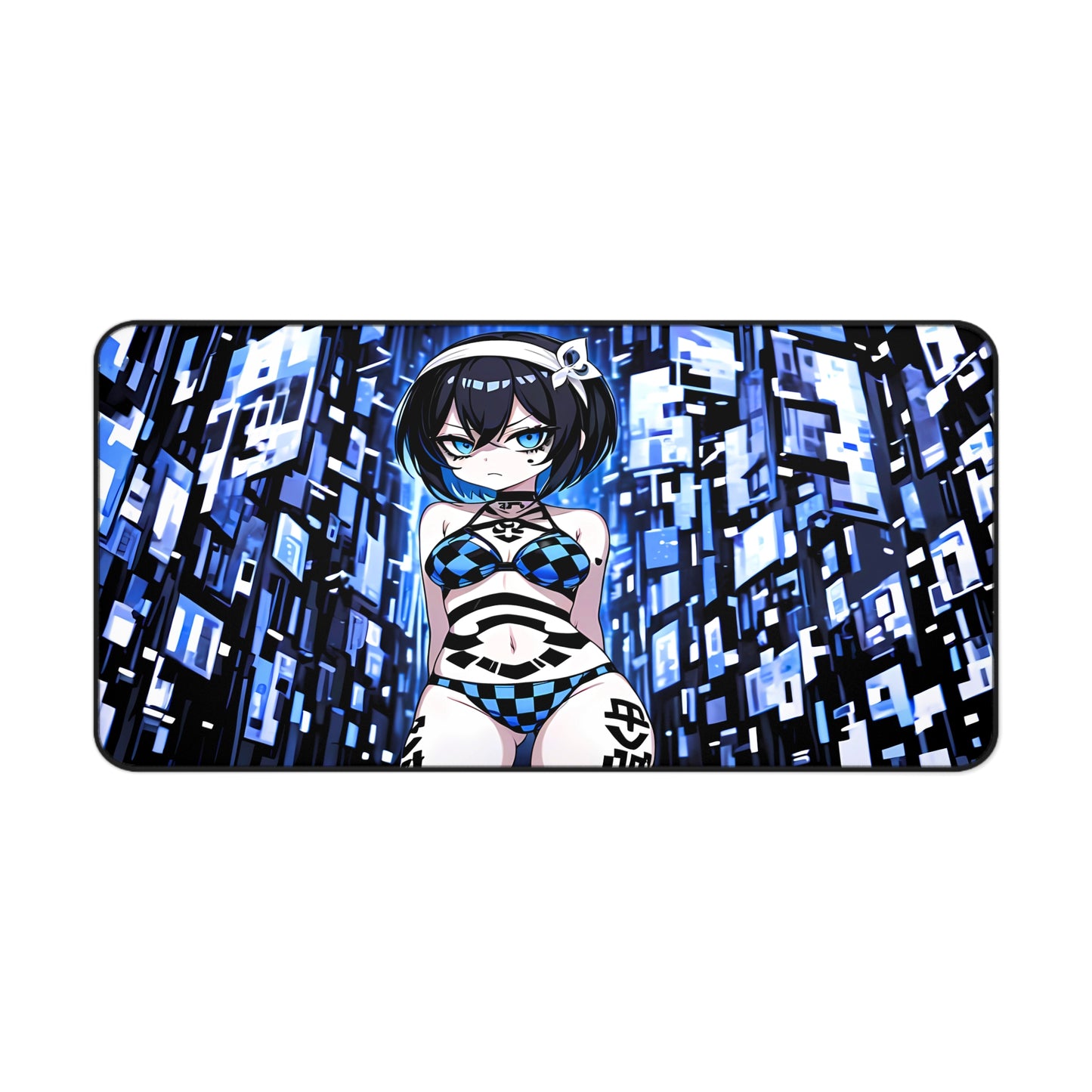 Kawaii Blue Checkers Goth Girl Desk Mat sexy anime girl, lewd waifu artwork