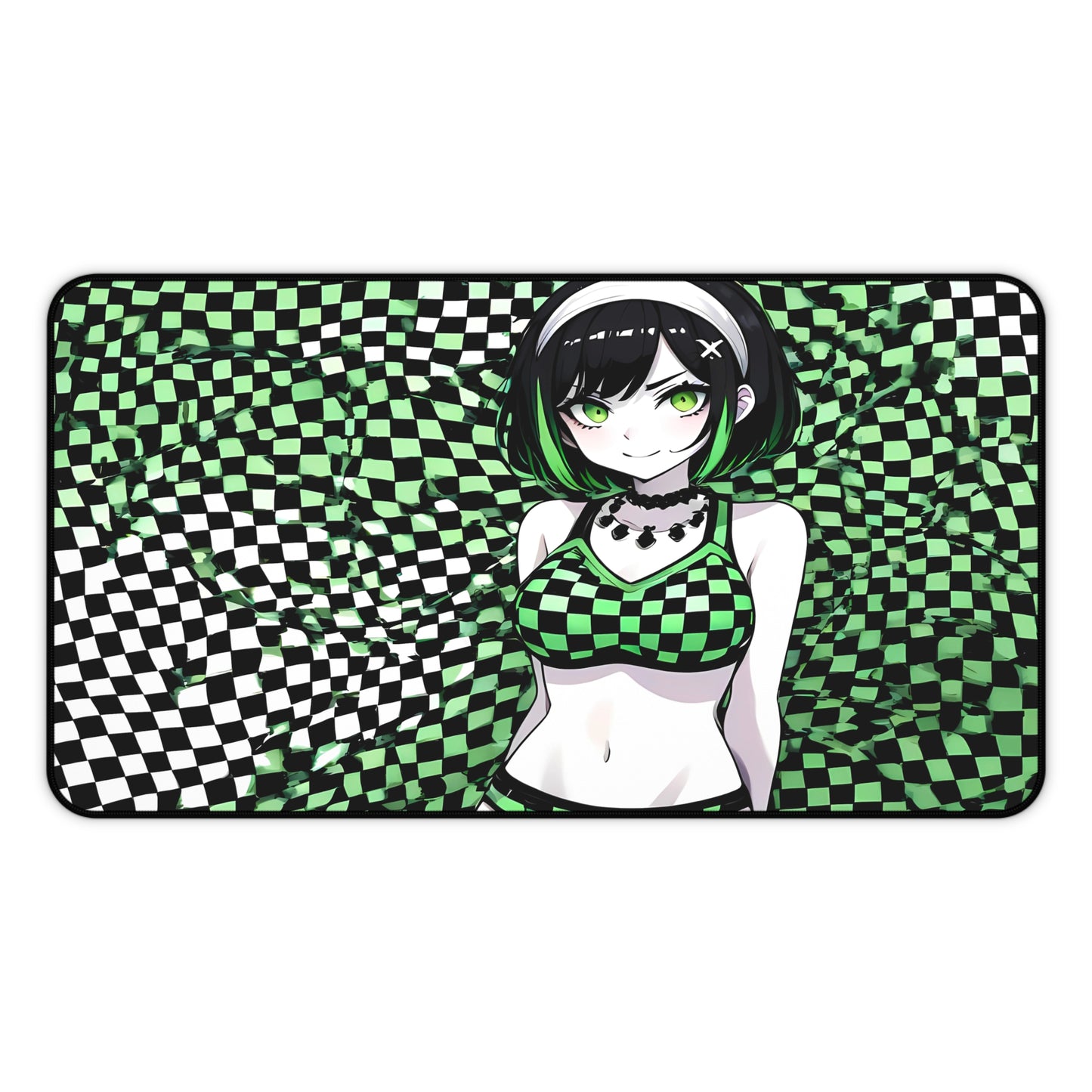 Cute Green Checkers Goth Waifu Desk Mat sexy anime girl, lewd waifu artwork