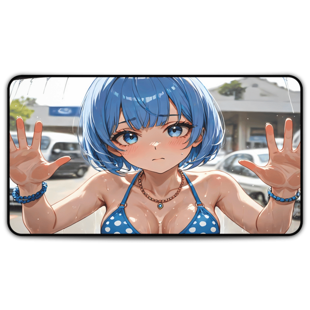 POV Car Wash Blue Hair Polka Dot Bikini Anime Girl Desk Mat sexy anime girl, lewd waifu artwork