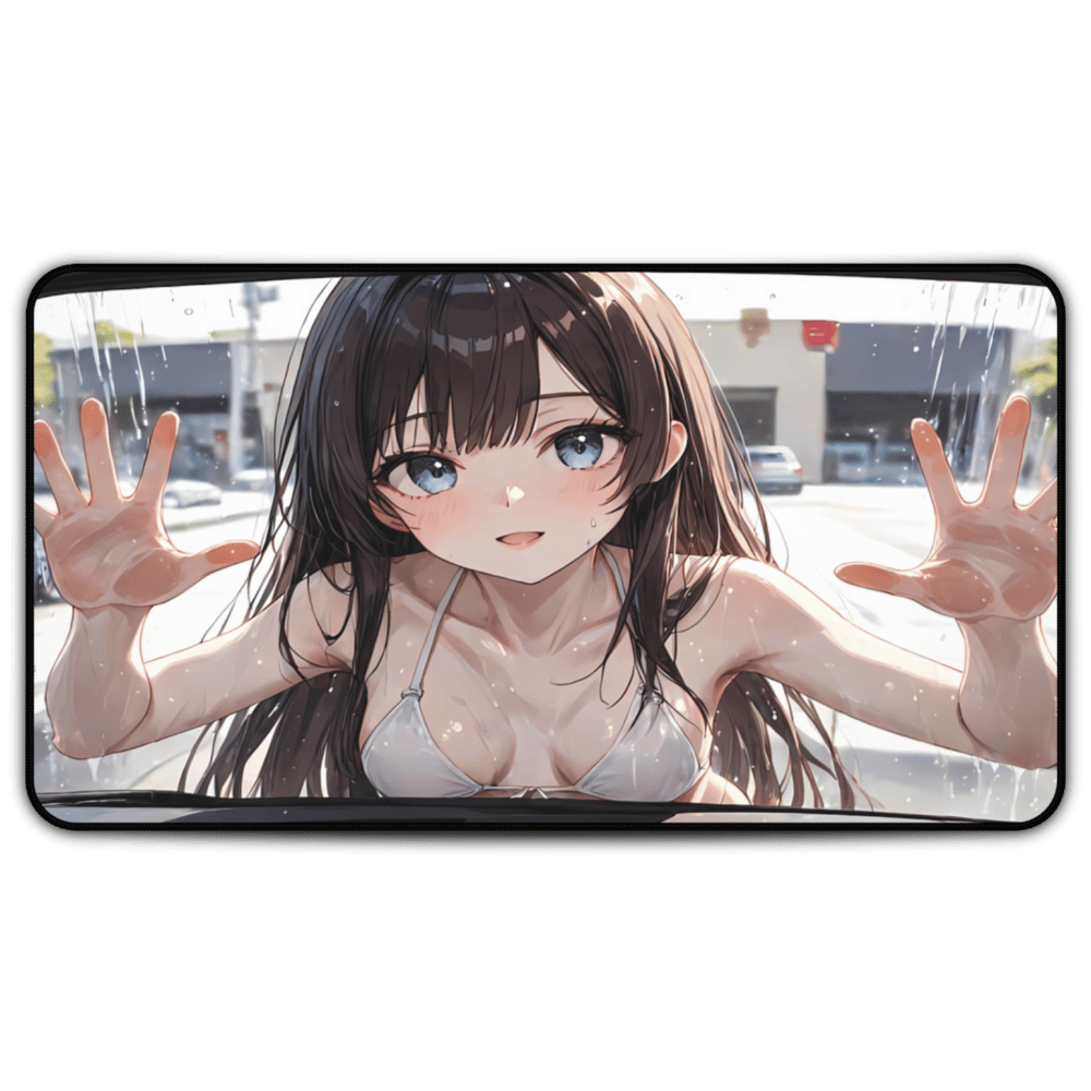 POV Car Wash Brown Hair Girl White Bikini Desk Mat sexy anime girl, lewd waifu artwork