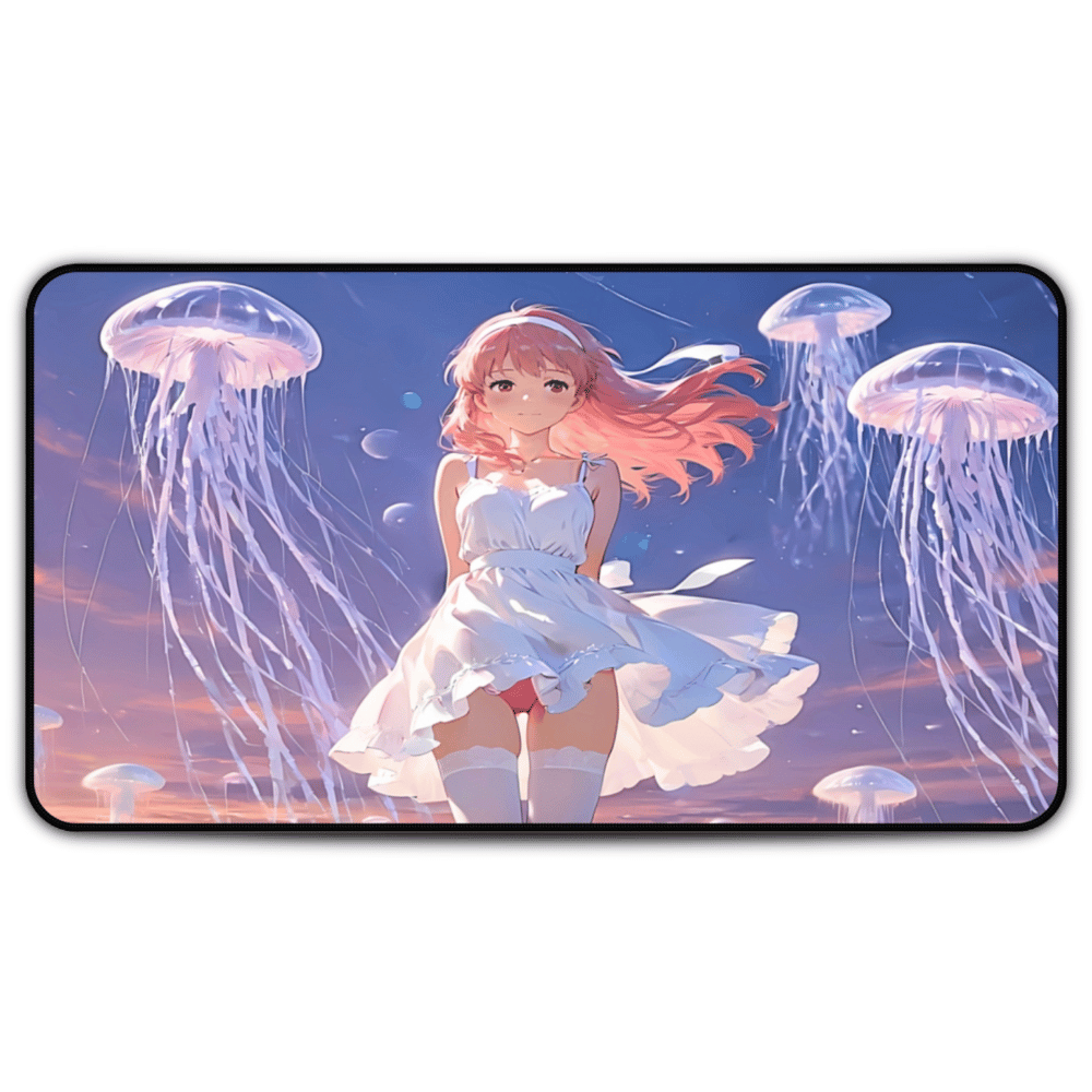 Yumeko – Silent Snow & Sky Jelly Waifu Desk Mat anime desk mat with dreamy waifu illustration in classic anime style, featuring a beautiful Japanese anime girl and soft aesthetic design