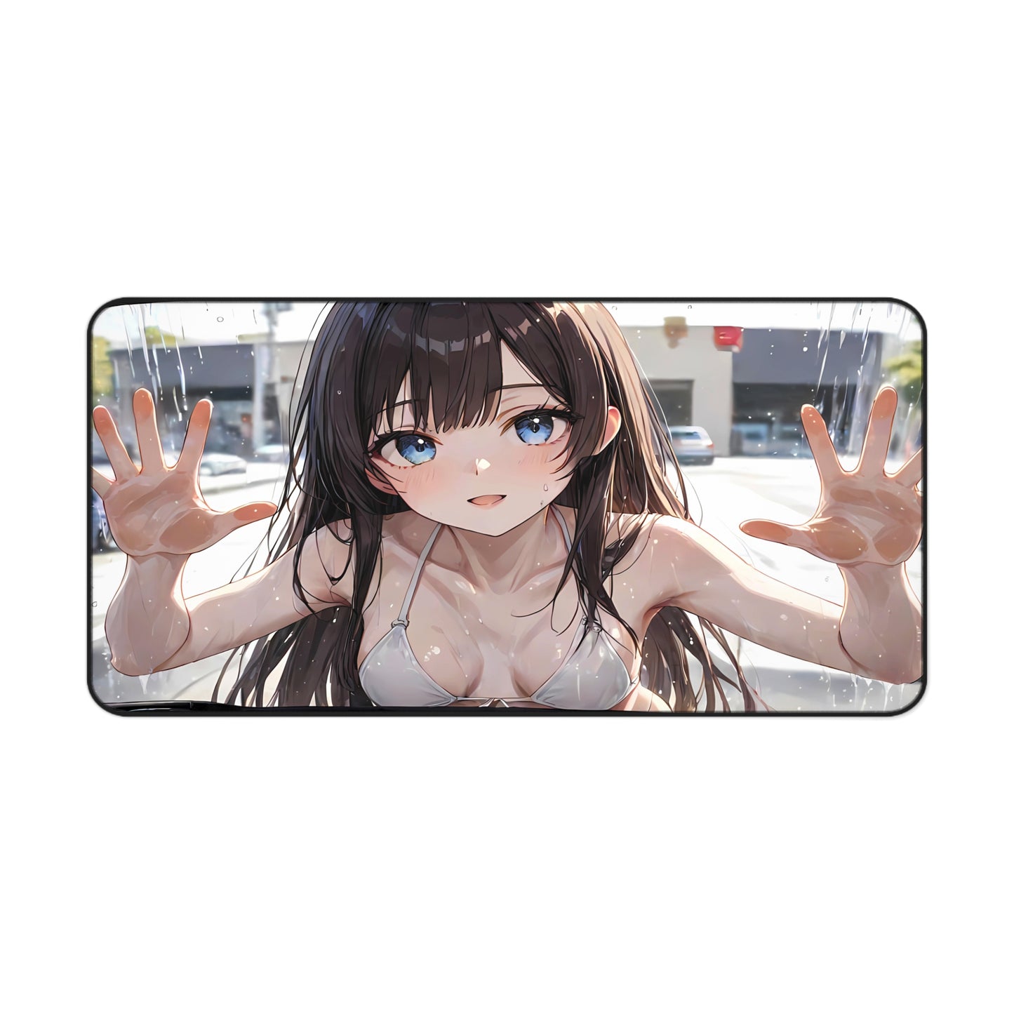 POV Car Wash Brown Hair Girl White Bikini Desk Mat sexy anime girl, lewd waifu artwork