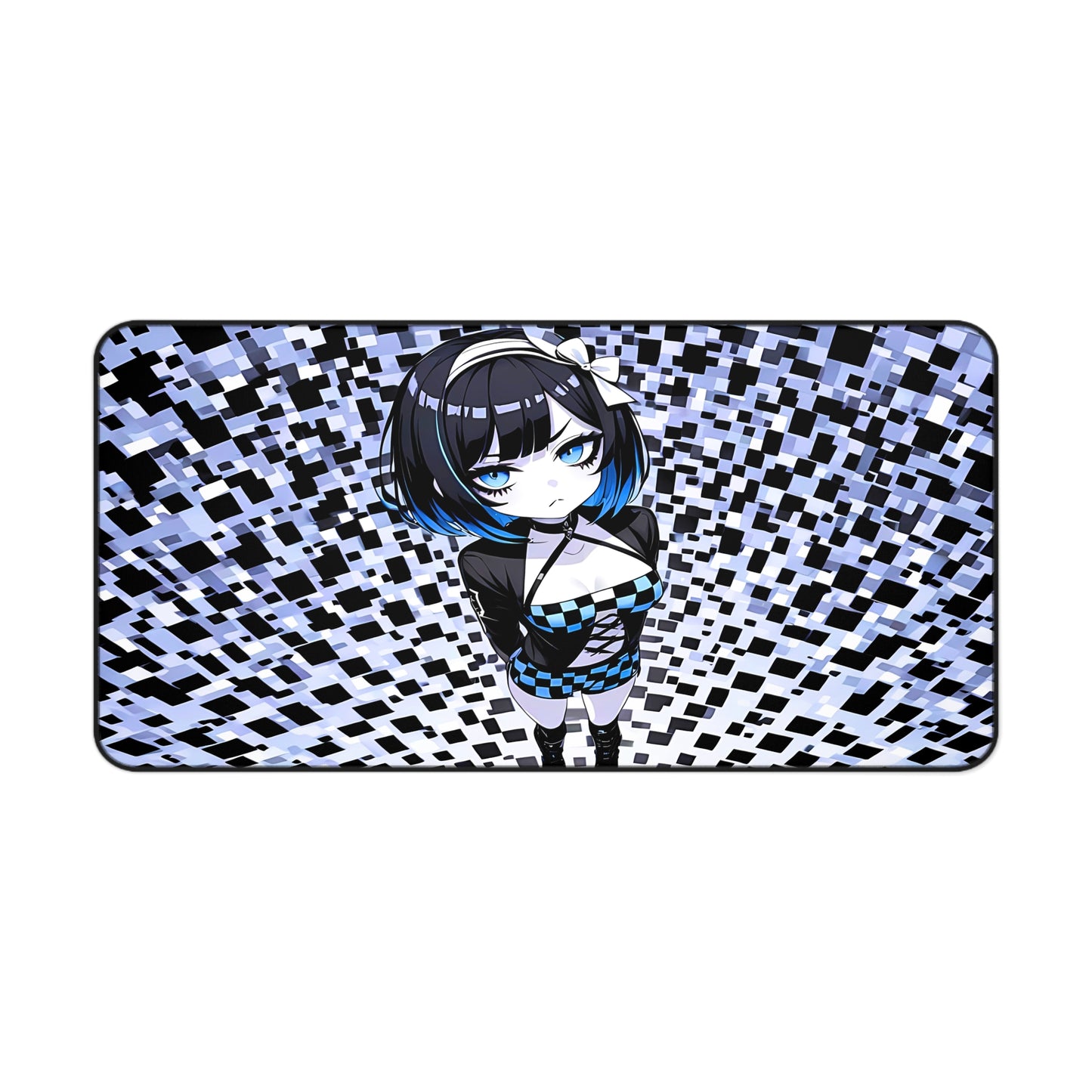 Kawaii Blue Checkers Goth Girl Desk Mat featuring kawaii-inspired art loved by fans of cute anime, games, and accessories
