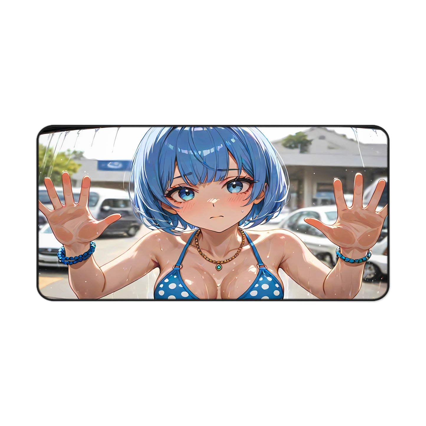 POV Car Wash Blue Hair Polka Dot Bikini Anime Girl Desk Mat sexy anime girl, lewd waifu artwork