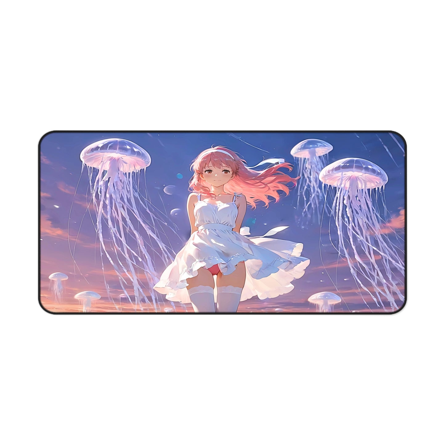 Yumeko – Silent Snow & Sky Jelly Waifu Desk Mat anime desk mat with dreamy waifu illustration in classic anime style, featuring a beautiful Japanese anime girl and soft aesthetic design