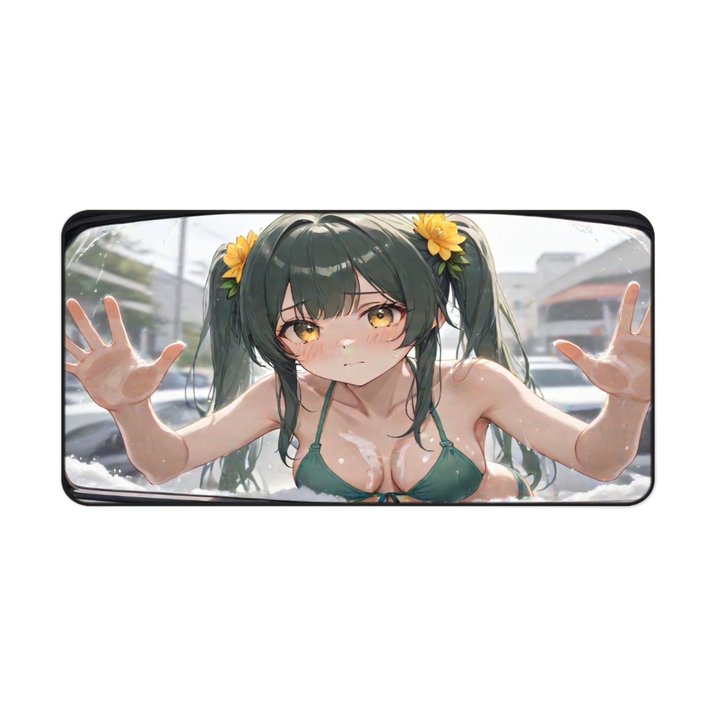 POV Car Wash Green Hair Green Bikini Anime Girl Desk Mat sexy anime girl, lewd waifu artwork