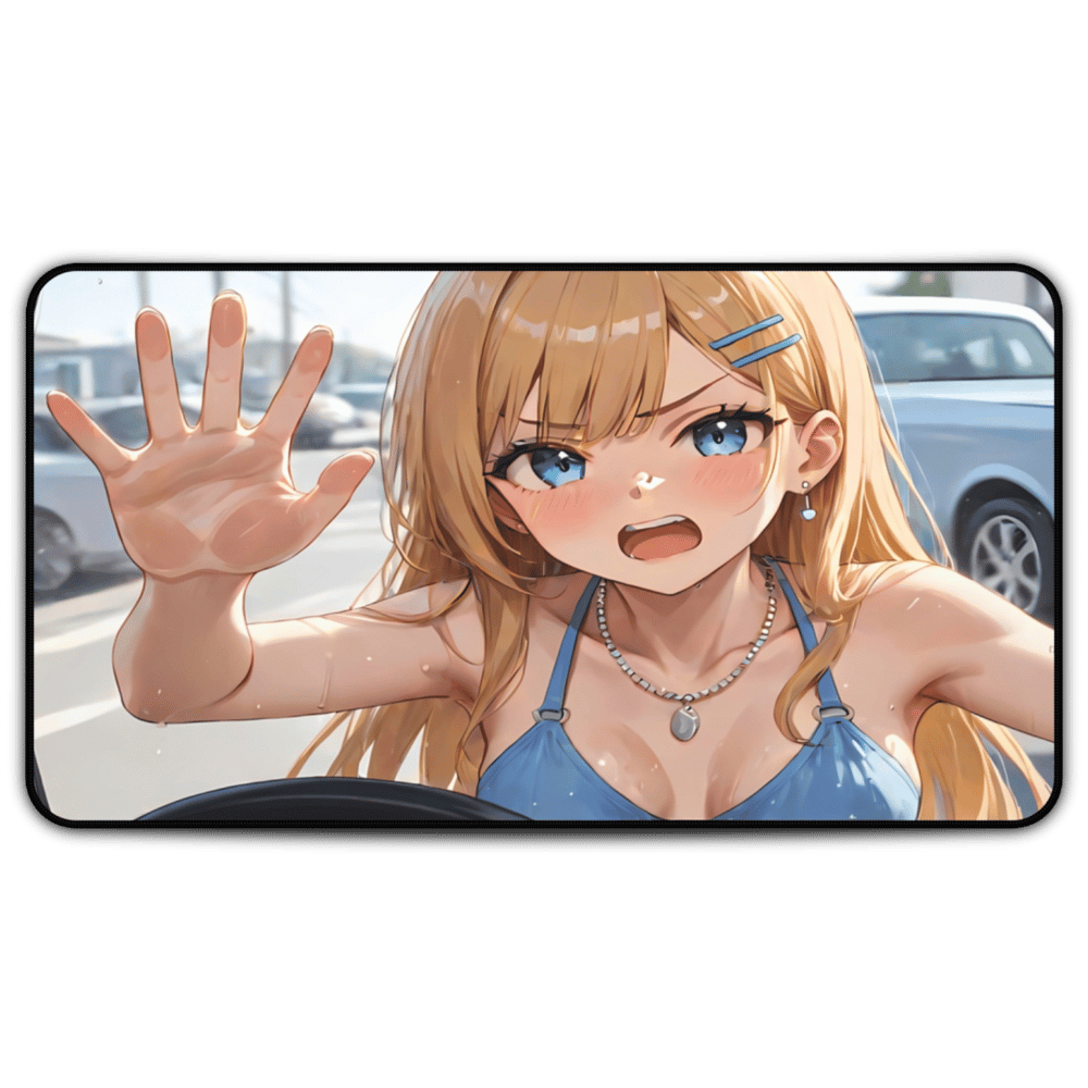 POV Car Wash Sexy Blonde In Blue Bikini Desk Mat sexy anime girl, lewd waifu artwork