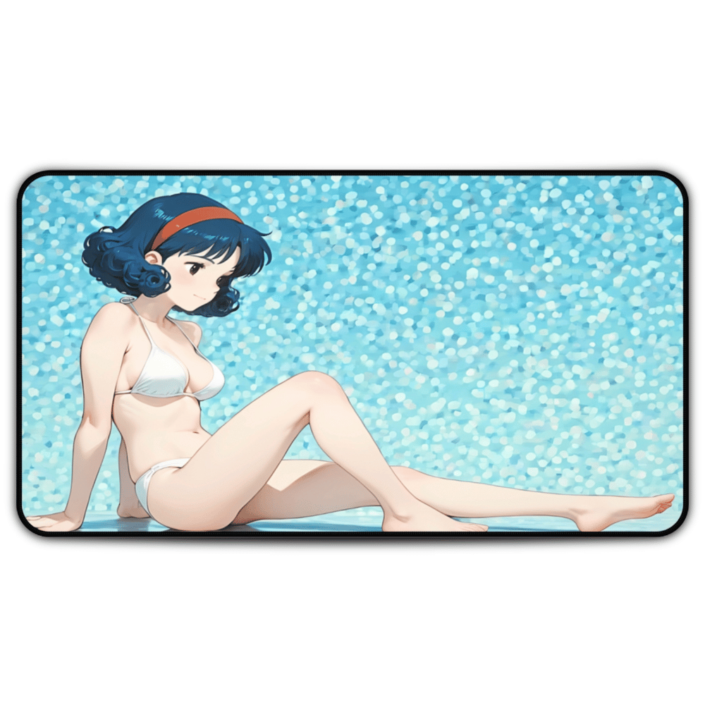 Yumeko – Lewd Dark Hair & White Bikini Anime Waifu Desk Mat anime desk mat with dreamy waifu illustration in classic anime style, featuring a beautiful Japanese anime girl and soft aesthetic design