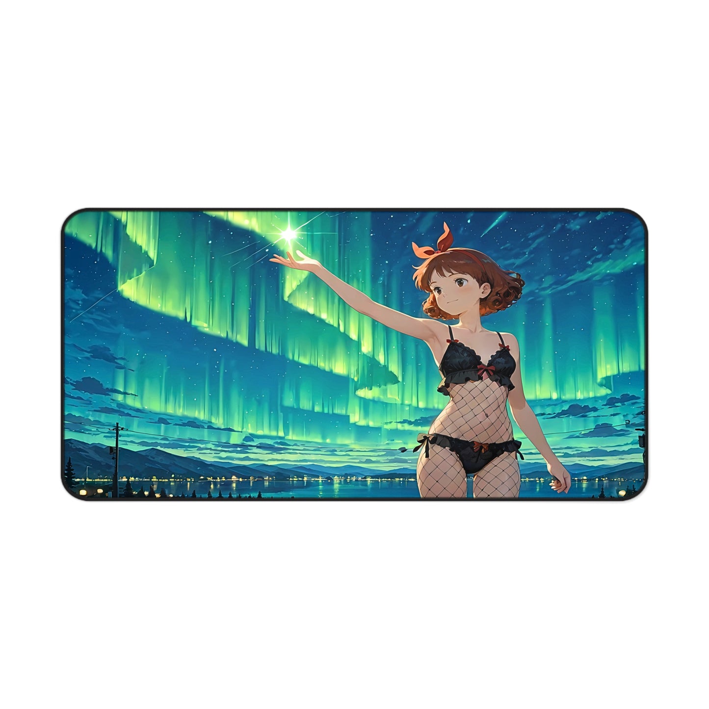 Yumeko – Northern Light Embrace Anime Desk Mat anime desk mat with dreamy waifu illustration in classic anime style, featuring a beautiful Japanese anime girl and soft aesthetic design