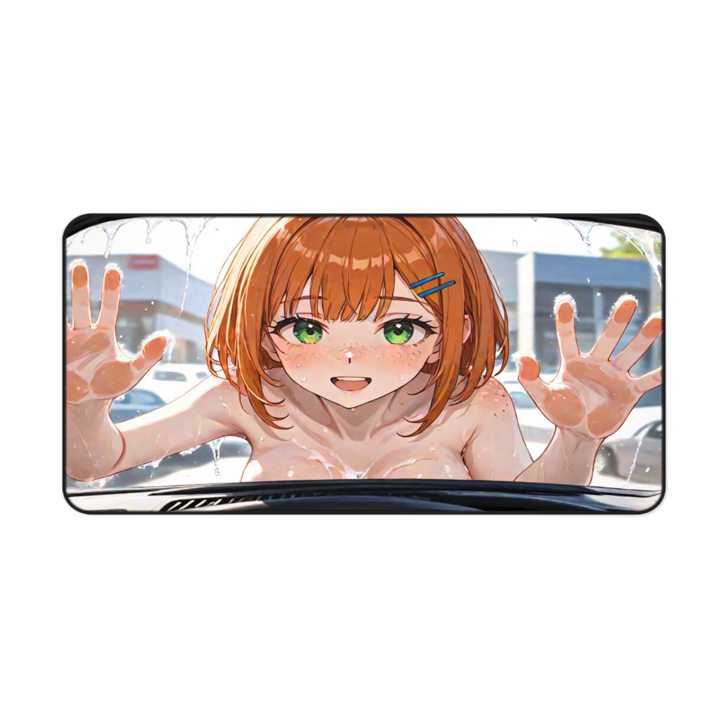 POV Car Wash Naked Orange Hair Anime Girl Desk Mat sexy anime girl, lewd waifu artwork