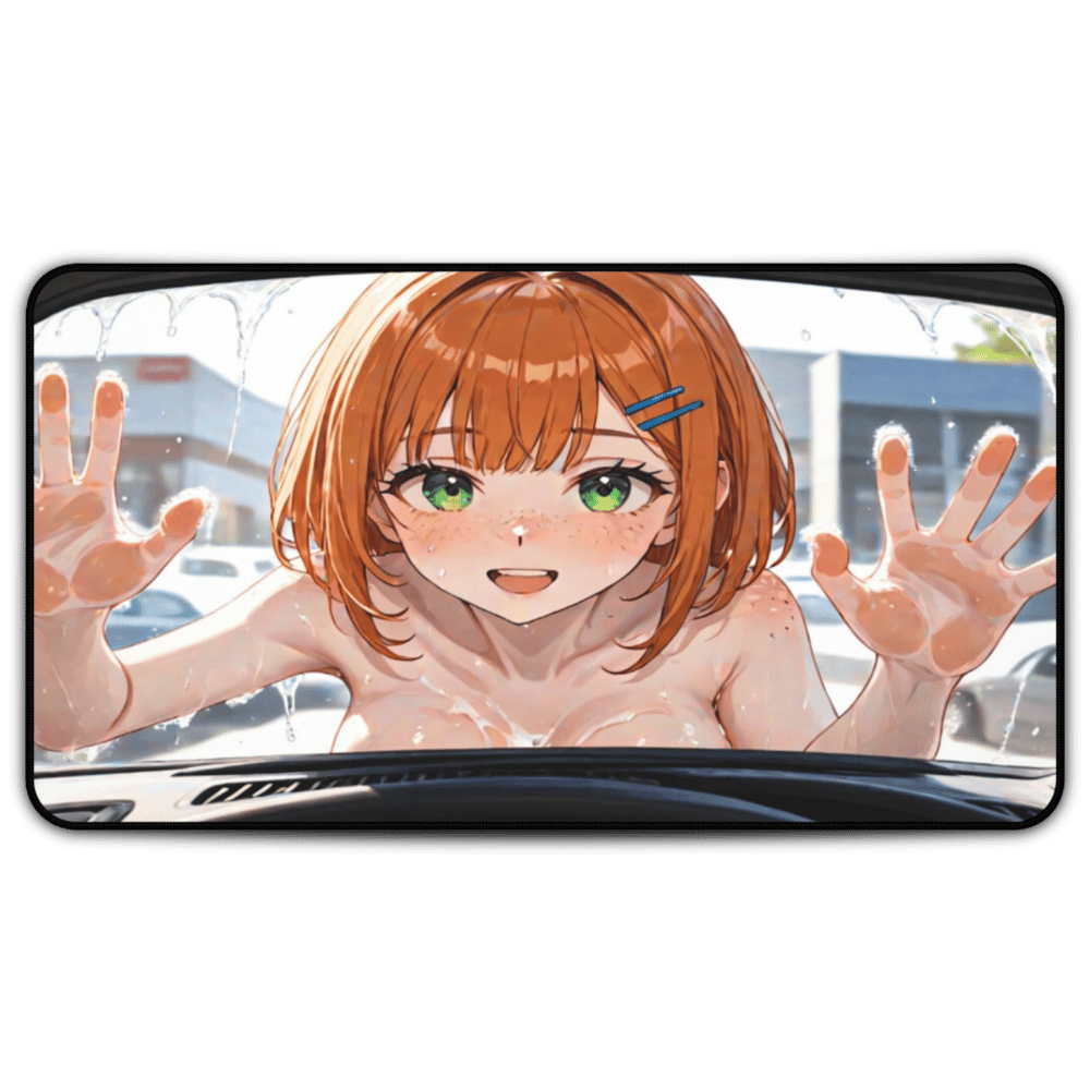 POV Car Wash Naked Orange Hair Anime Girl Desk Mat sexy anime girl, lewd waifu artwork