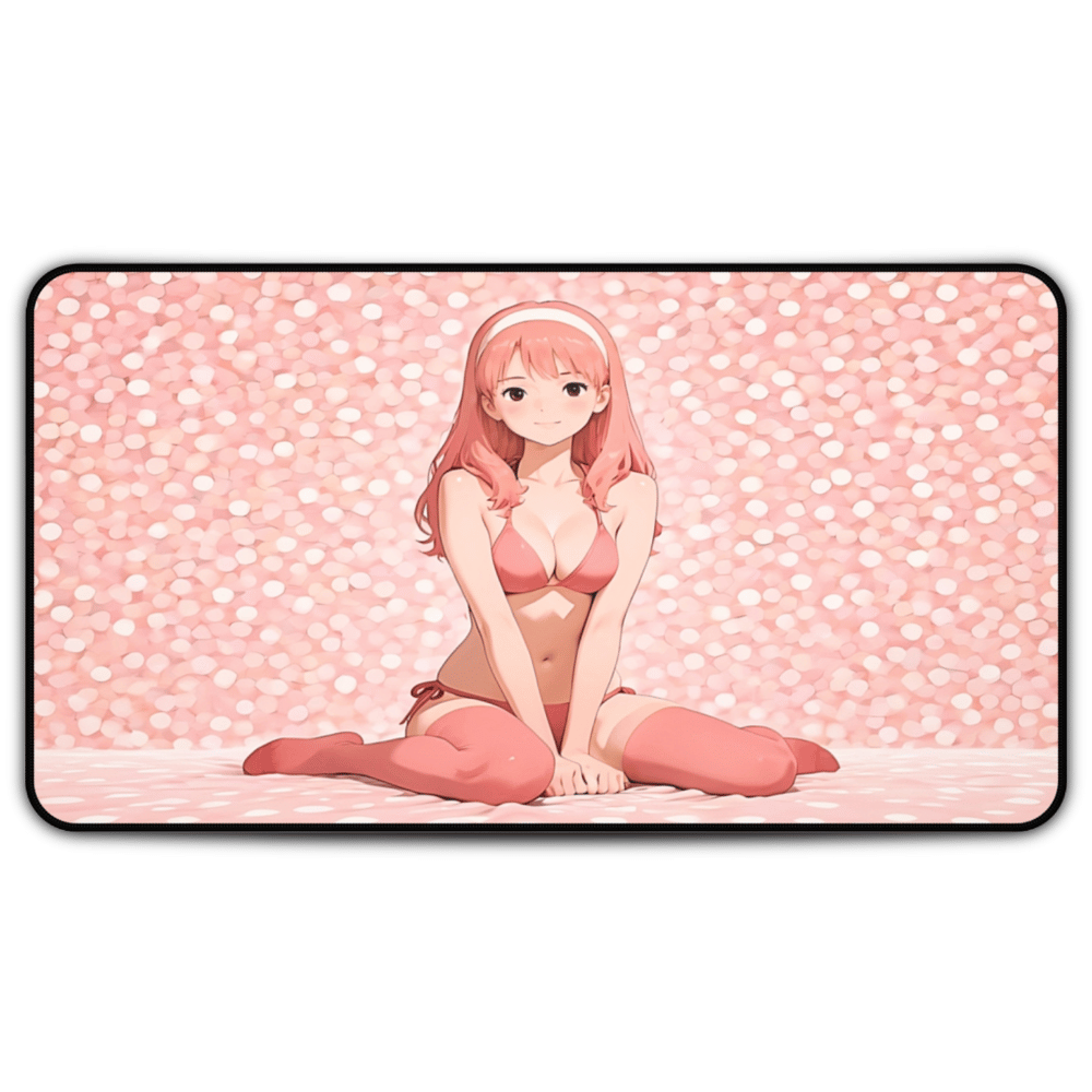 Yumeko – Pink Blossom & Velvet Flame Lewd Desk Mat anime desk mat with dreamy waifu illustration in classic anime style, featuring a beautiful Japanese anime girl and soft aesthetic design