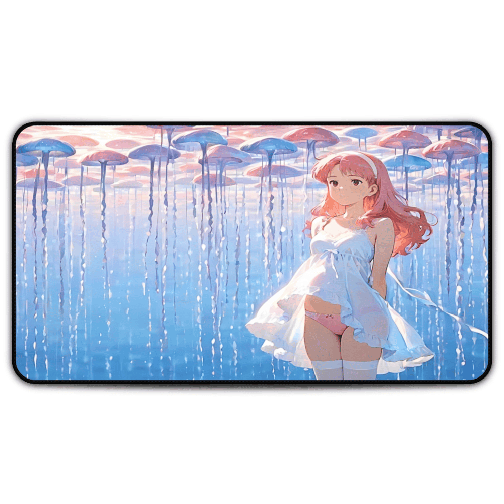 Yumeko – Pink Jellyfish & Floating Dreams Anime Desk Mat anime desk mat with dreamy waifu illustration in classic anime style, featuring a beautiful Japanese anime girl and soft aesthetic design
