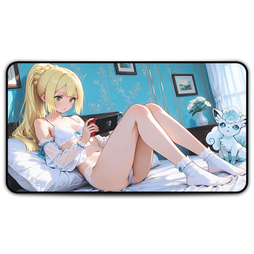 Cute Blonde Bedtime Gamer Girl In White Lingerie Anime Desk Mat