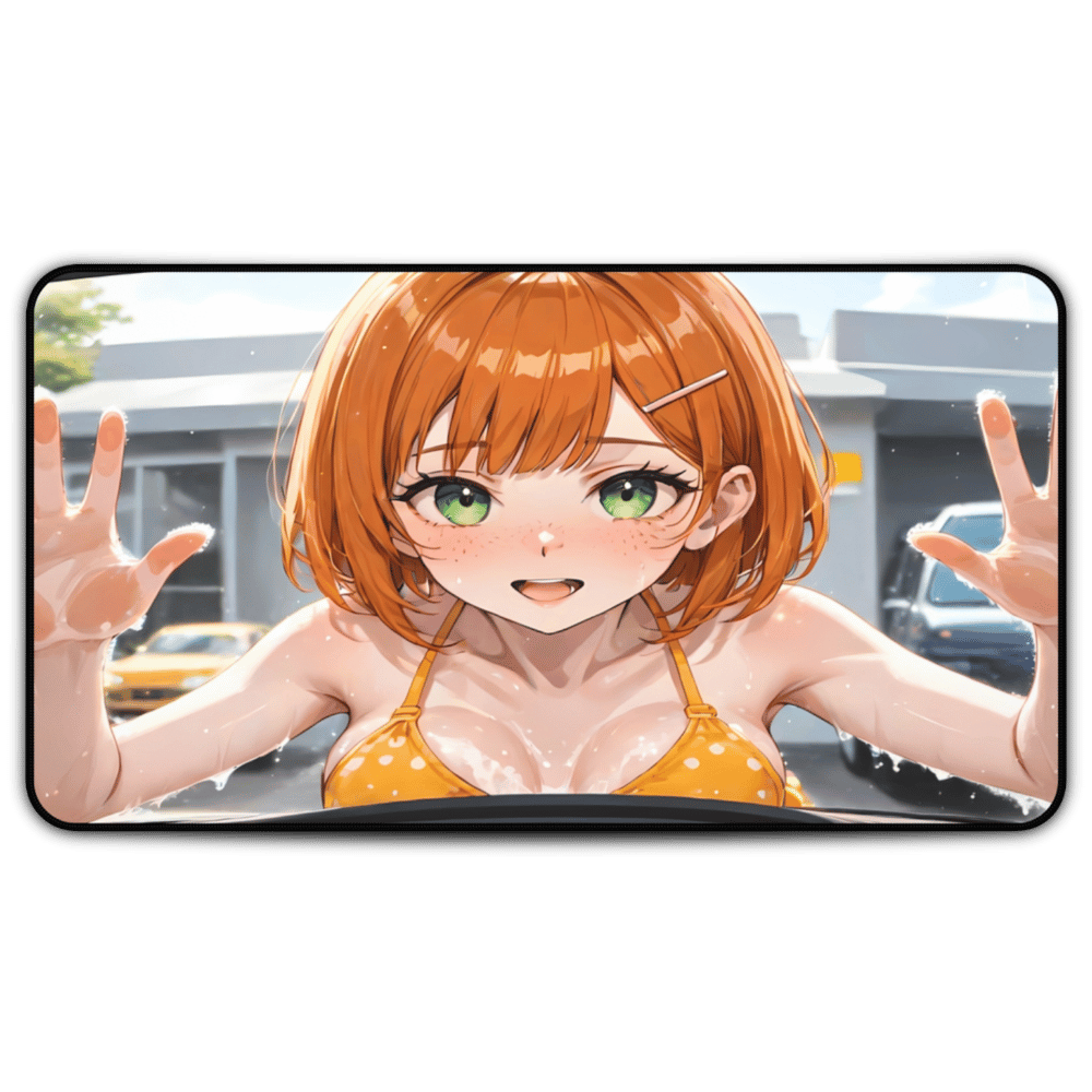 POV Car Wash Sexy Redhead Yellow Bikini Desk Mat sexy anime girl, lewd waifu artwork