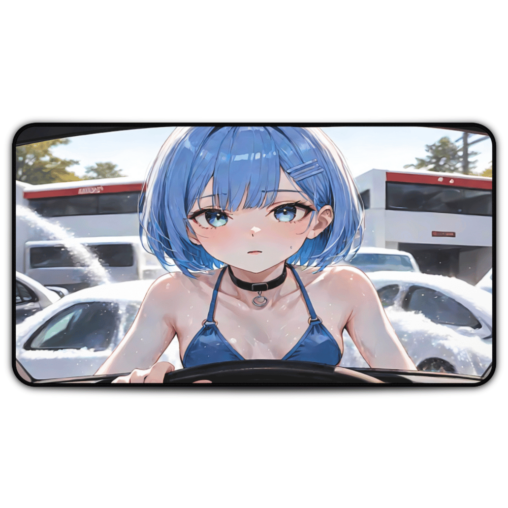 POV Car Wash Blue Hair Girl Blue Bikini Desk Mat sexy anime girl, lewd waifu artwork