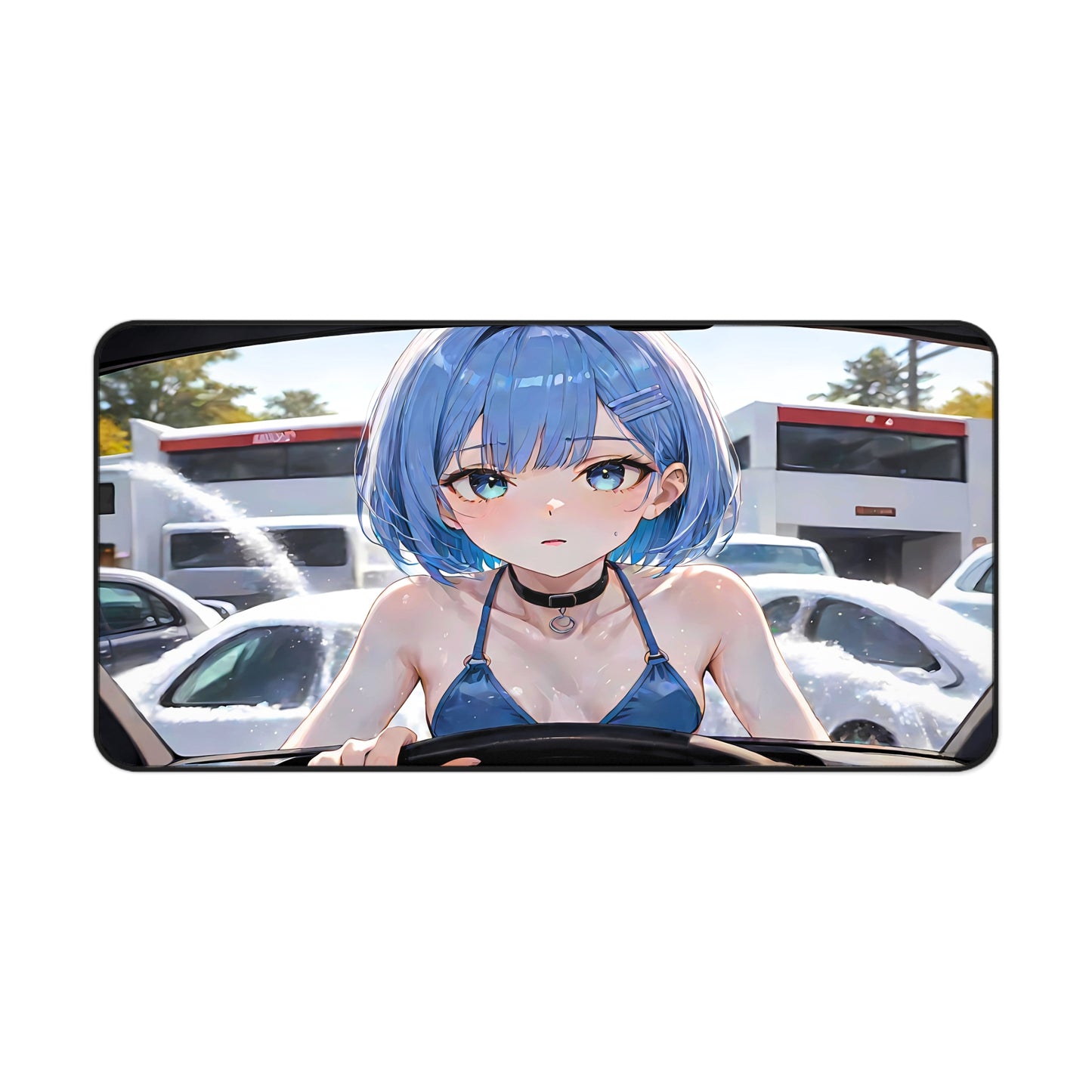 POV Car Wash Blue Hair Girl Blue Bikini Desk Mat sexy anime girl, lewd waifu artwork