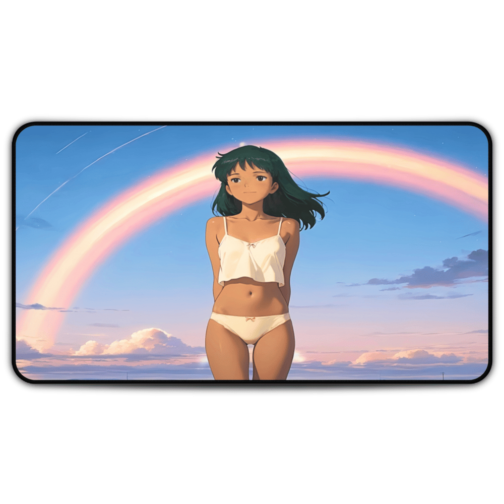 Yumeko – Tan Waifu & Rosy Sunset Desk Mat anime desk mat with dreamy waifu illustration in classic anime style, featuring a beautiful Japanese anime girl and soft aesthetic design