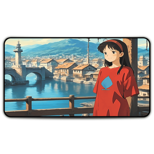 Yumeko – Red Shirt Girl & Clear Skies Desk Mat anime desk mat with dreamy waifu illustration in classic anime style, featuring a beautiful Japanese anime girl and soft aesthetic design